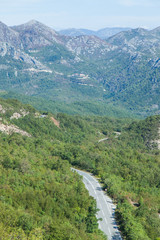 View of the road in the valley between the mountains. Montenegro. 