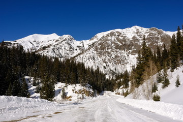 Fototapeta na wymiar Silverton to Euereka, Colorado in winter following a recent snowstorm.