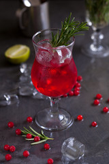a glass with a cocktail of red color with lime, red berries, rosemary and ice cubes on a background of rosemary on a dark background