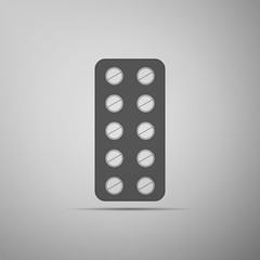 Pills in blister pack icon isolated on grey background. Medical drug package for tablet: vitamin, antibiotic, aspirin. Flat design. Vector Illustration