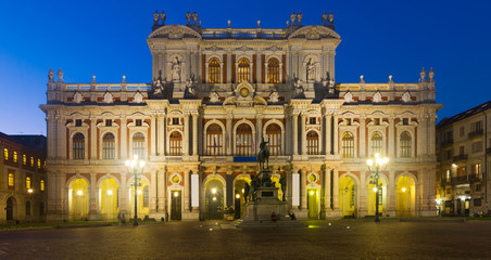 Fototapeta na wymiar Night view of rear facade of Palazzo Carignano, Turin