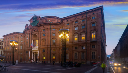 Palazzo Carignano building in evening time, Turin