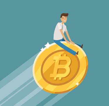 Business concept. Bitcoin crypto currency blockchain. Cartoon vector illustration