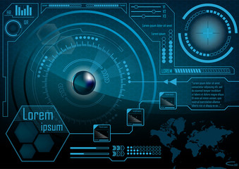 HUD GUI Radar monitor screen. Futuristic game technology outer space background. User interface world map, business abstract infographic template.  Vector.