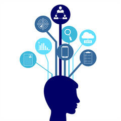 Background illustration with silhouette of a man and icons. Business Infographic. Vector of flat design.