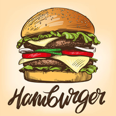 big burger, hamburger hand drawn vector illustration sketch retro style - obrazy, fototapety, plakaty