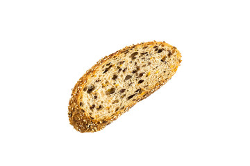 One slice of whole wheat bread with flaxseeds on white background
