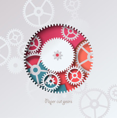 Paper cut gear abstract design. Colorful 3D gear mechanism on a silver, metallic background. Modern vector illustration. Banner, card.