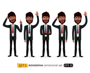 Set of emotions for african american business man waving hand goodbye cartoon vector