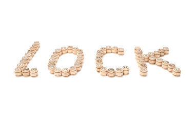 Word lock lined with barrels of lotto game with figures on the verge isolated on white background