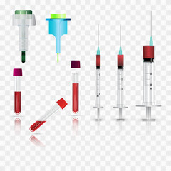 Syringes, vials and lancets. Realistic vector illustrations.