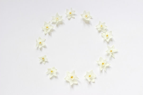 Styled stock photo. Spring, Easter feminine scene floral composition. Round frame wreath pattern made of narcissus, daffodil flowers. White background. Flat lay, top view.