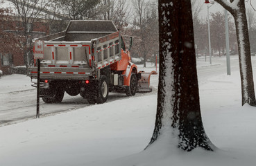 Snow-removing machine cleans the street of the city from the snow in the morning snow-covered trees.