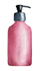 Body Lotion Bottle. Deep red, burgundy colour and black dispenser. Cosmetics packaging, mockup, skin nourishing element, girl stuff. Hand drawn water color graphic draw on white background, cutout.