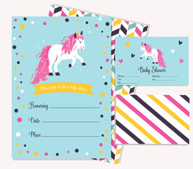 Baby shower invitation template with cute unicorn