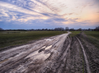 spring morning. a misty dawn in a picturesque meadow. Sun rays