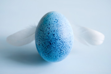 Blue Easter egg with wings from white feathers on a blue background, soft focus. Conceptual image of egg in the form of an angel by Easter holiday