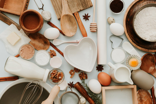 Flat lay composition with baking preparations on pastel background