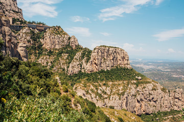 A mountain view with monastery on the top in Montserrat, Spain