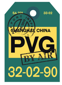 Shanghai airport luggage tag. Realistic looking tag with stamp and information written by hand. Design element for creative professionals.