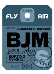 Bujumbura airport luggage tag. Realistic looking tag with stamp and information written by hand. Design element for creative professionals.