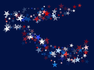 Fototapeta premium American Patriotic Deign, Vector Blue, Red, White Stars Confetti. Labor, Independence, Memorial Day, 4th of July Election Frame. American Patriotic Design, UK, Australia Freedom Falling Stars Texture.