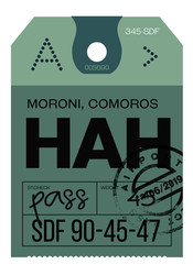Moroni airport luggage tag. Realistic looking tag with stamp and information written by hand. Design element for creative professionals.