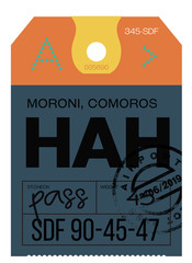 Moroni airport luggage tag. Realistic looking tag with stamp and information written by hand. Design element for creative professionals.