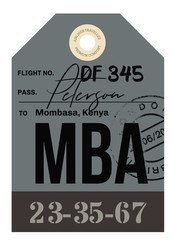 Mombassa airport luggage tag. Realistic looking tag with stamp and information written by hand. Design element for creative professionals.