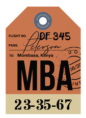 Mombassa airport luggage tag. Realistic looking tag with stamp and information written by hand. Design element for creative professionals.