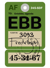 Entebbe airport luggage tag. Realistic looking tag with stamp and information written by hand. Design element for creative professionals.