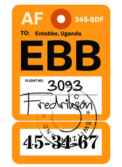 Entebbe airport luggage tag. Realistic looking tag with stamp and information written by hand. Design element for creative professionals.