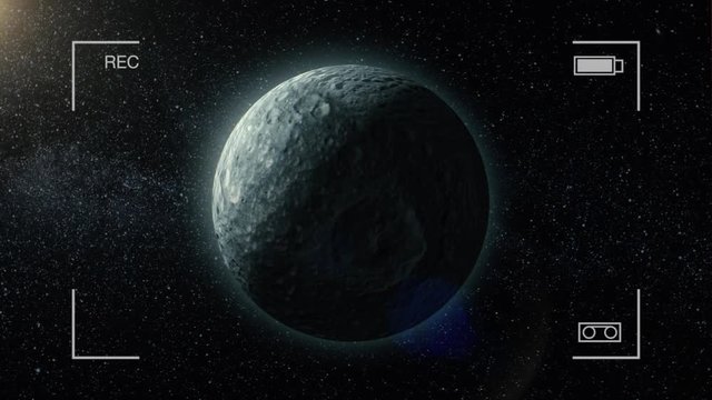 Animation of travel towards Mimas satellite, camera rec, Saturn's moon, in the universe. Straight-line dolly away from Mimas