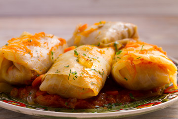 Cabbage rolls with beef, rice and vegetables. Stuffed cabbage leaves with meat. Dolma, sarma, sarmale, golubtsy or golabki. horizontal
