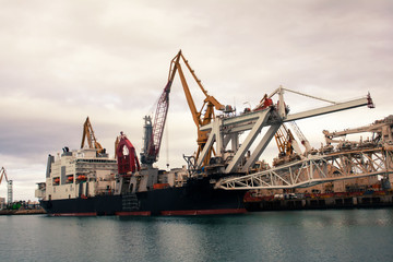 Fototapeta na wymiar Cargo cranes in the dock of the industrial port.Spain, Cadiz, February 2018.