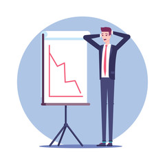 Surprised businessman standing clutching at the head near the falling graph on the board for presentations vector flat illustration. The business concept of recession and crisis.
