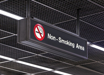 Notification signs for the smoking ban hang from the airport terminal ceiling. Non smoking area.