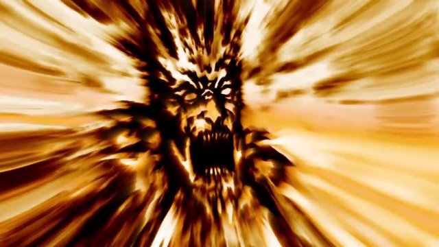 Fury zombie head in fire. 2D animation horror fantasy genre. Scary screaming mummy attacking. Creepy Halloween backdrop. VJ loop and music video clip. Gloomy ghost rage. Black and orange background. 