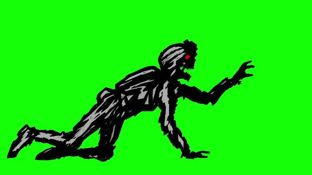 Zombie soldier in helmet is creeps on all fours. Black undead silhouette looped 2D animation. Horror fantasy genre. Scary monster character profile. Side view on green background. Animated video clip.