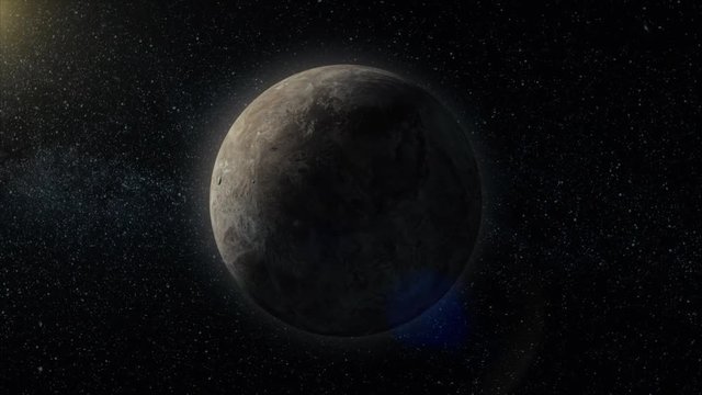 Gas giant planet. Planet in space with sun flash. Miranda, Billions of galaxies in the universe. Extrasolar planet on stars background