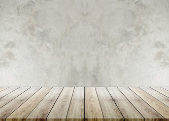 Wooden empty table top with cement background, can be used for display your products.