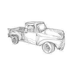 Doodle art illustration of a vintage pickup truck, a light duty truck with enclosed cab and an open cargo area with low sides and tailgate done in mandala style.