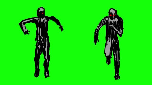 Two silhouettes of running zombies on camera. Evil monsters 2D animation. Green screen video footage. Horror fantasy genre. Animated video clip. Scary demon character. Vj loop motion graphics, fx.