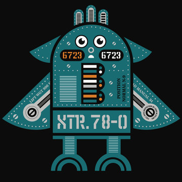 Flying robot illustration. Artistic design of futuristic mechanism. Design for kids.