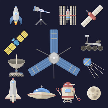 Stylish space ship constellation astrology radar cosmos universe technology meteor science shuttle astronaut rocket satellite vector.