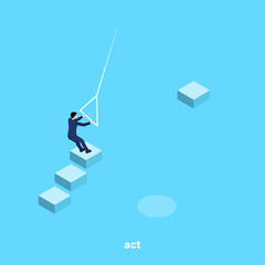 a man in a business suit is holding a rope in his hands to shuffle off to the other side of the cliff, an isometric image