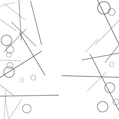 Geometric Memphis Background. Black and White Simple Pattern for Postcard, Print, Banner or Poster. Modern Abstract Background with Rings and Lines. Vector Texture in Trendy Minimalistic Style