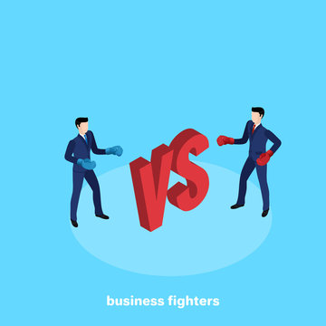 men in business suits in boxing gloves on the eve of the fight, rivalry in business, isometric image