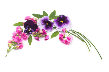 Fototapeta na wymiar Flowers of pink peas and blue pansy wreath isolated on white background. Flat lay, top view