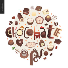 Love spring chocolate slogan - lettering composition, set of dark and white chocolate crisp bonbons and bars, choclate chips, coffee and cacao beans and leaves